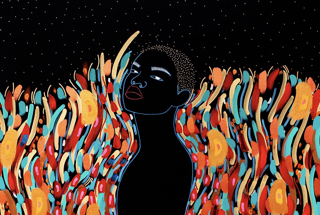 Colorful line-art painting of a nude Black woman with a cropped hairstyle. She is surrounded by colorful flowers.