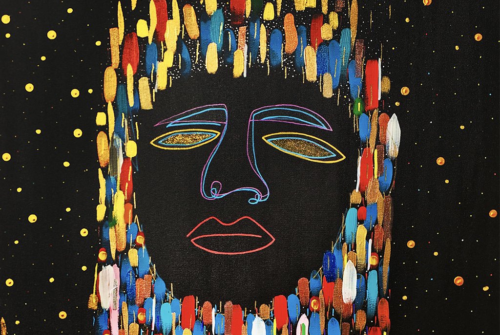 Colorful line-art painting of a person wearing a hooded garment made of colorful swatches of paint.