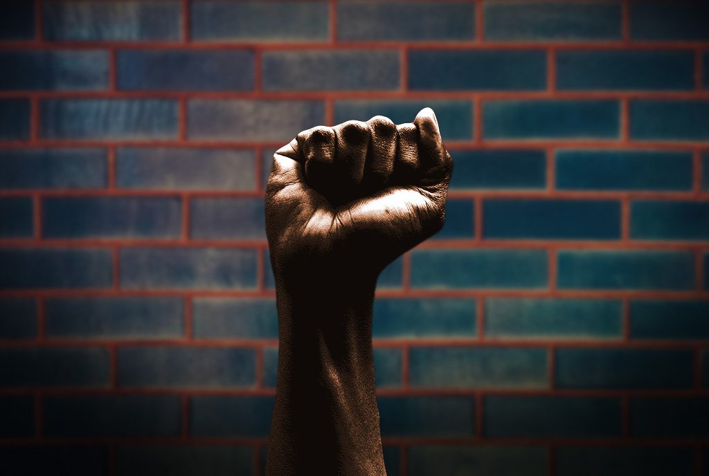 A Closed fist rises in solidarity, against the background of a blue brick wall.