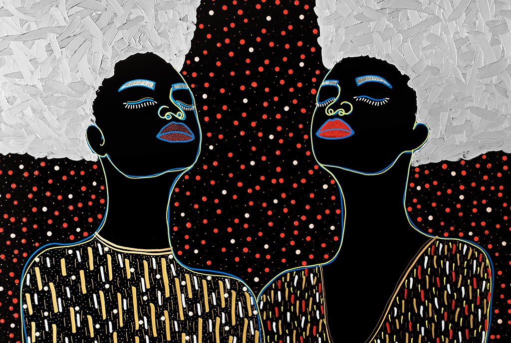Colorful line-art painting of two women with white hi-top hair, closing their eyes and facing each other. They are both wearing colorful dotted shirts.