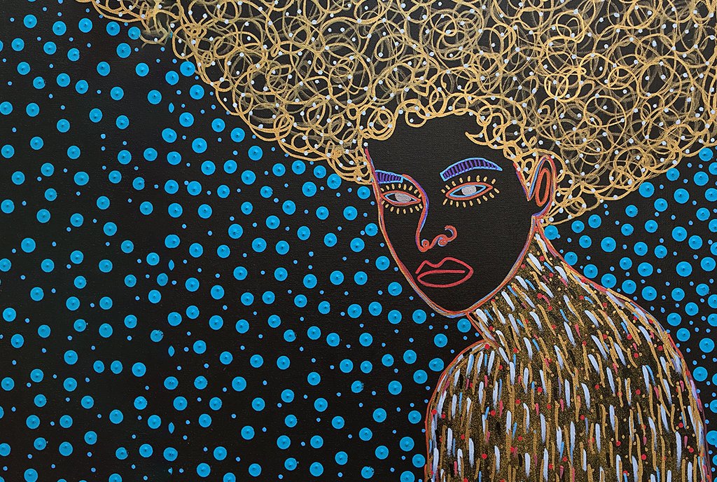 Colorful line-art painting of a Black woman with a swirling afro, wearing a bright shirt with colorful paint swatches. She is against a black background with blue dots.
