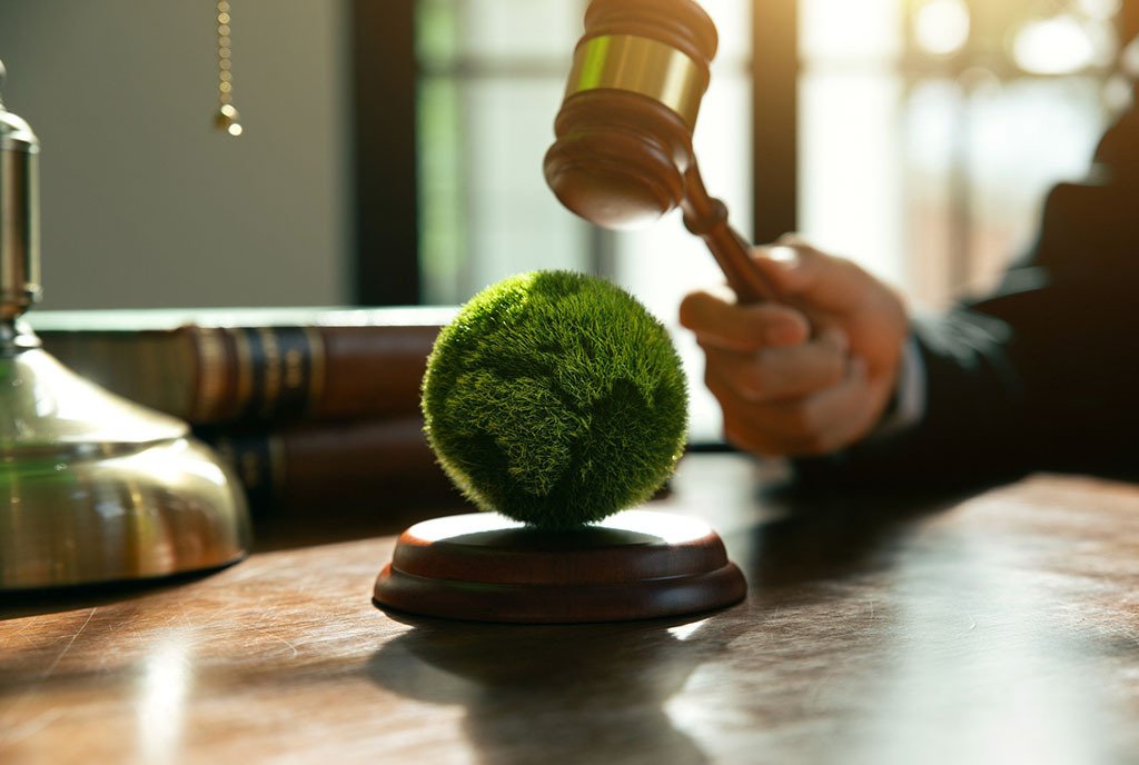 A judge’s gavel hovers over a small, grassy model of planet earth. There are law books in the background.
