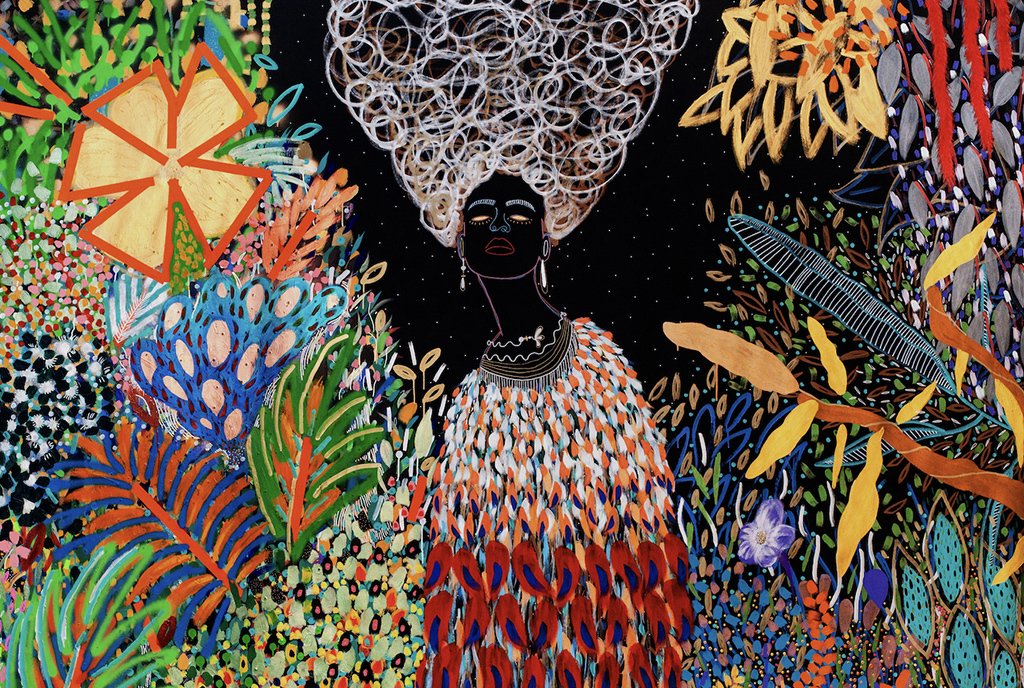 Colorful line-art painting of a Black woman with a swirling afro, wearing a bright feather dress. She is surrounded by colorful flowers.