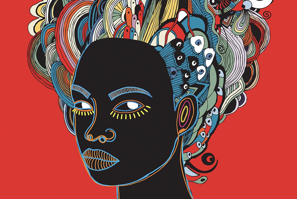 Colorful line-art painting of a Black woman with her colorful hair full of rainbows, piled high.