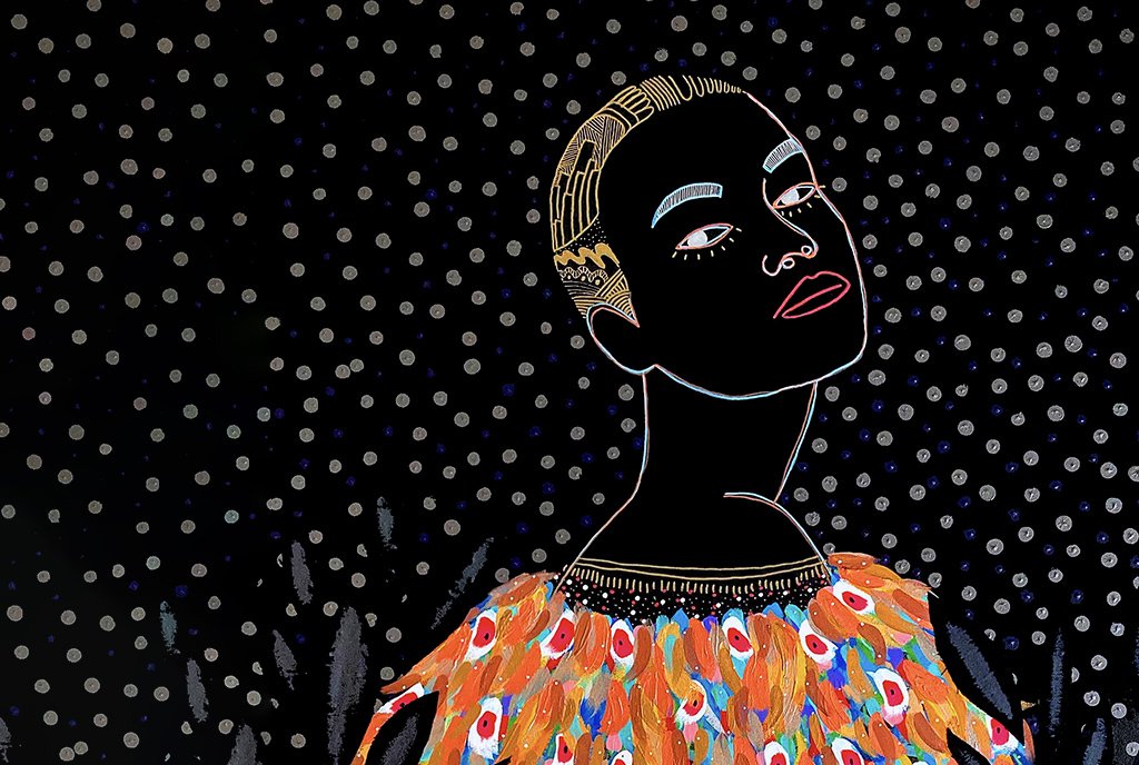 Colorful line-art painting of a Black woman with cropped hair looking over her shoulder and wearing a bright feather dress. She is on a black background with gray dots.