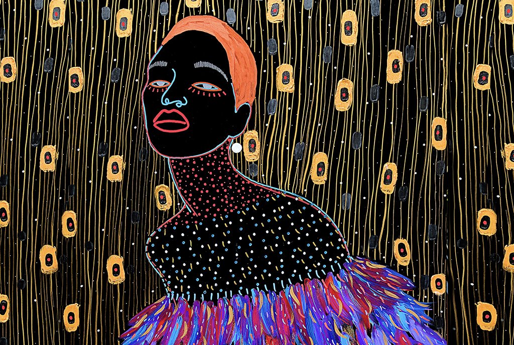 Colorful line-art painting of a Black woman with a red cropped hair style, wearing a bright feather dress. She is on a black background with blue evil eye protectors.