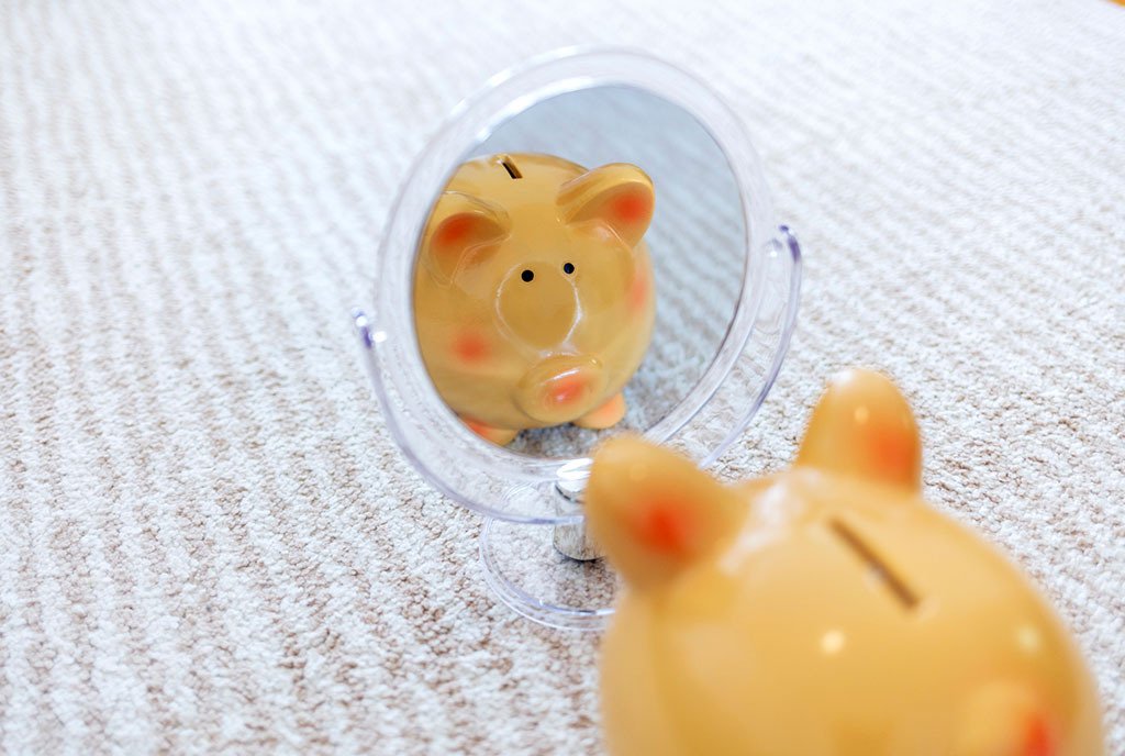 A piggy bank facing a mirror, as if looking at its own reflection.