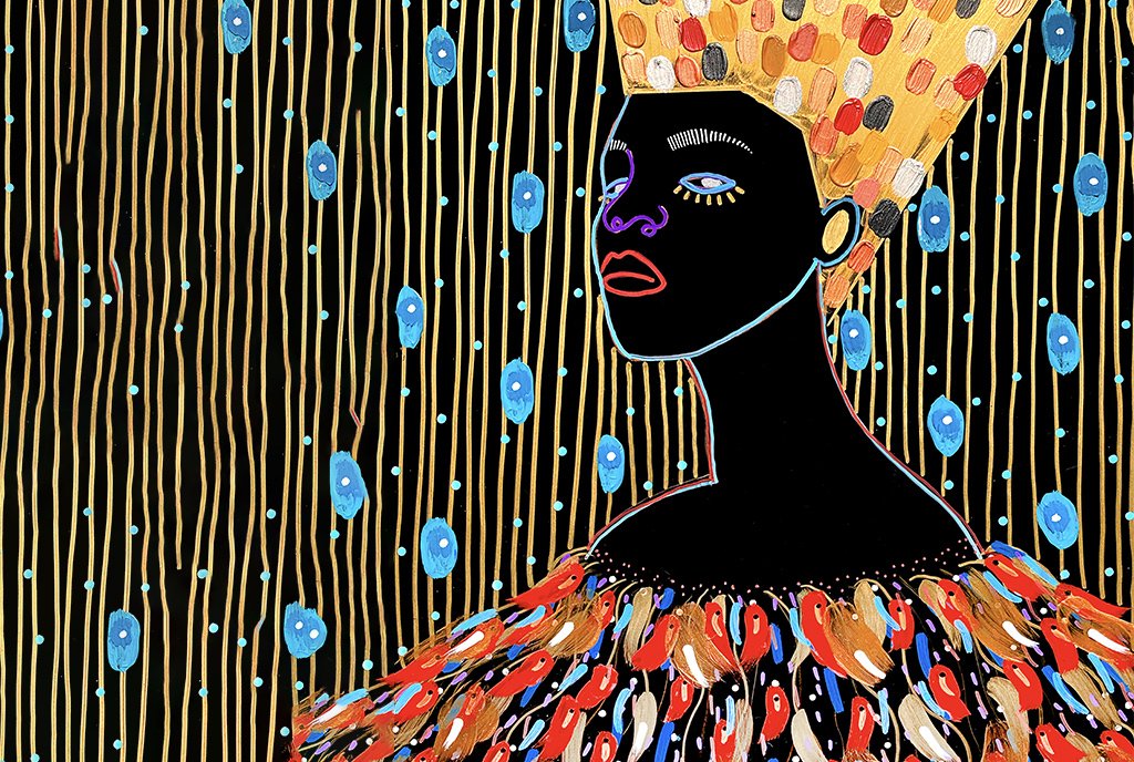 Colorful line-art painting of a Black woman with a golden hi-top hair style, wearing a bright feather dress. She is on a black background with blue evil eye protectors.