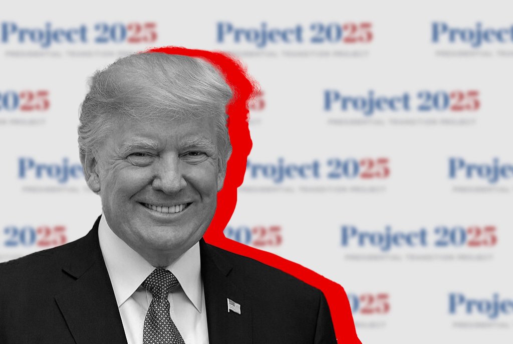 A desaturates image of former President Donald Trump with a red outline behind him. The background is a step and repeat of the Project 2025 logo.