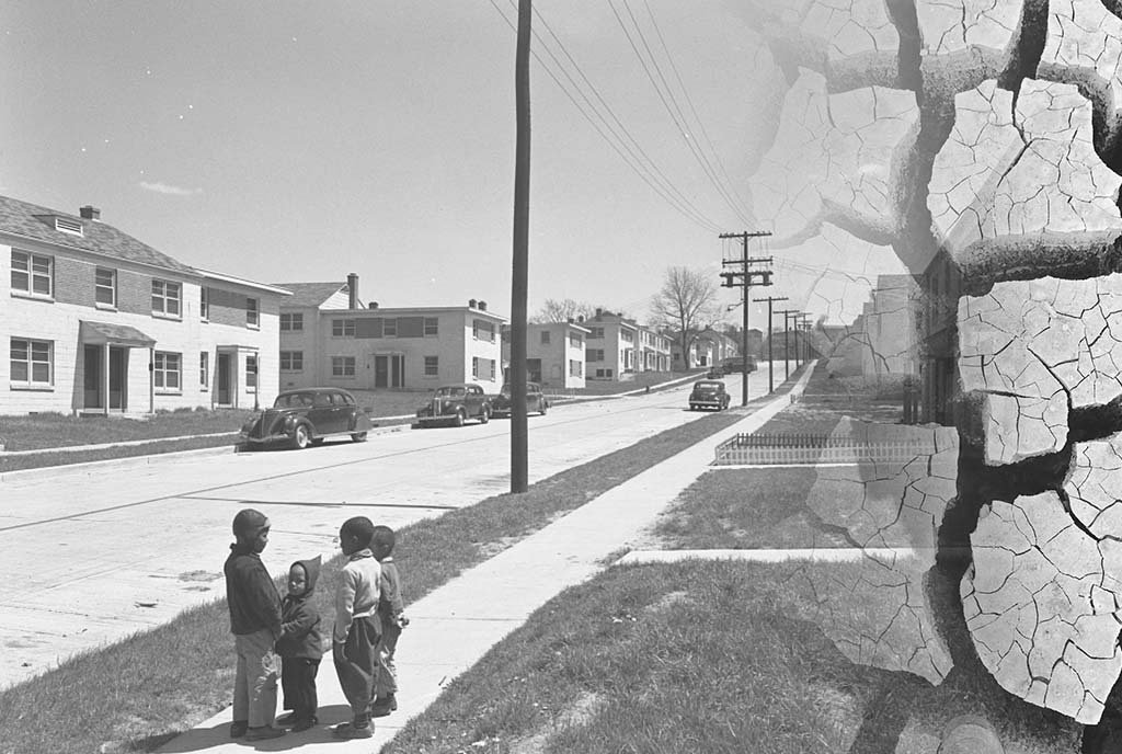 Vintage photo of Barry Farms Housing Development, Washington, D.C., a traditionally Black area of D.C. with a cracking affect over the image. 1944 Apr. 28.