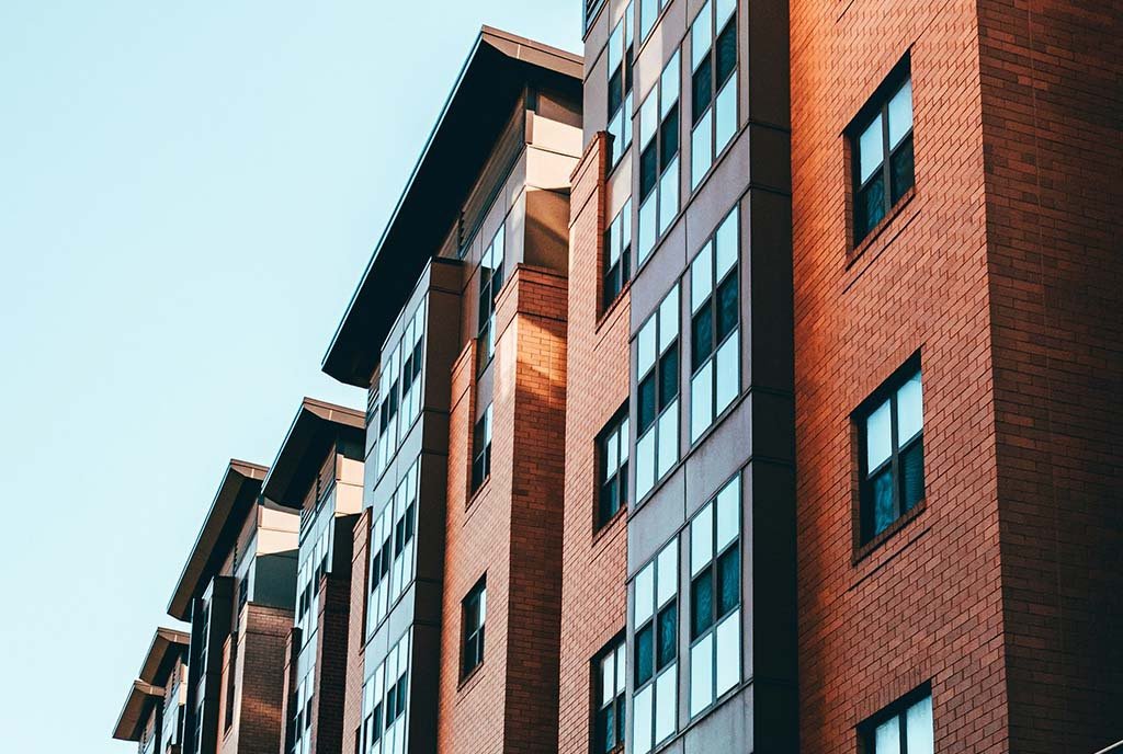 The brick facade of a new social housing project.