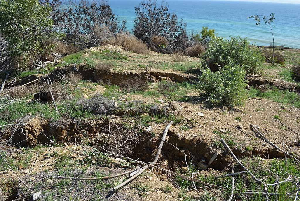 Large rifts, caused by rapidly moving, unstable ground, in the Portuguese Bend Landslide area, Palos Verdes Peninsula, California, USA