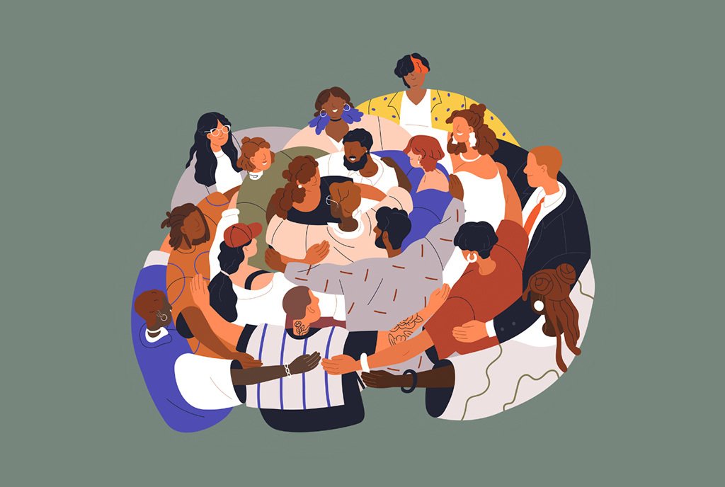 A graphic illustration of a group of diverse people, holding and supporting each other collectively.