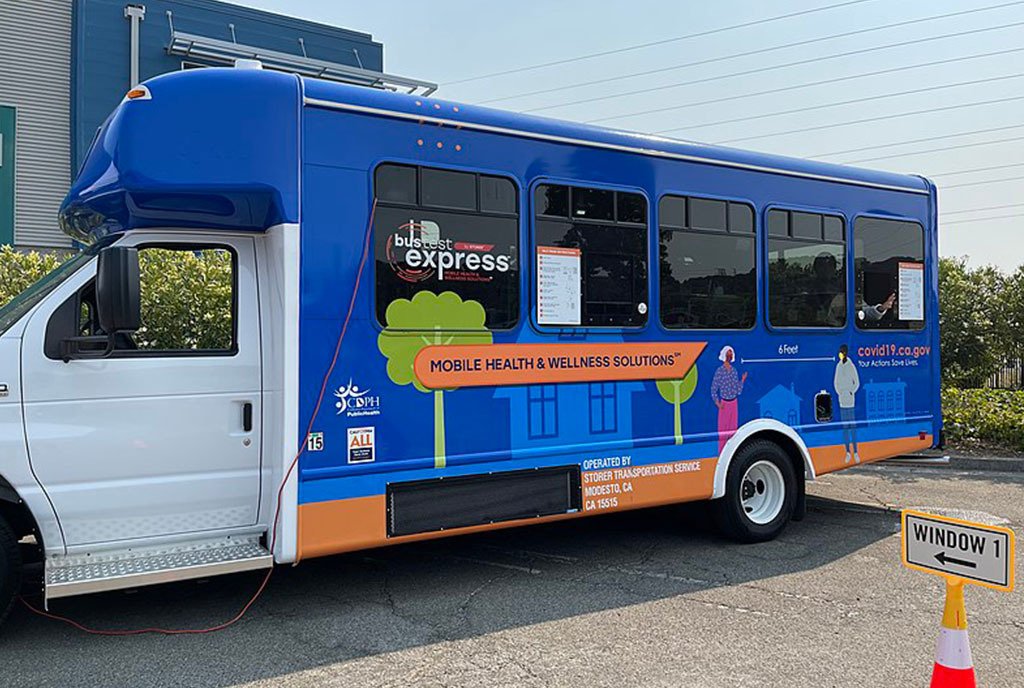 A mobile health and wellness van, issuing wellness checks and COVID-19 mobile testing clinic in San Rafael, California.