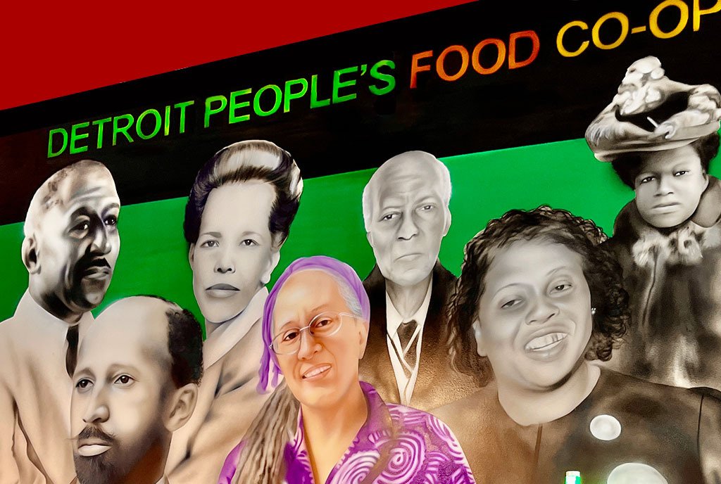 Mural at Detroit People's Food Coop, showing several historical Black figures.