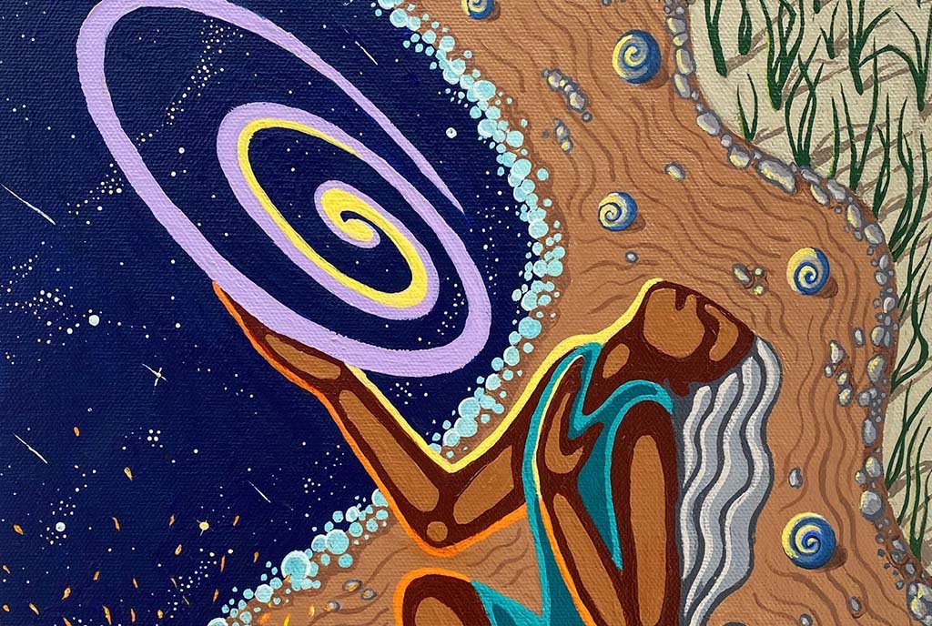 A painting of a brown woman with white long hair, holding onto a swirling galaxy, as she sits on the sand on a beach in front of a fire.