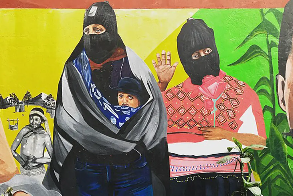 A Ejército Zapatista de Liberación Nacional party mural painted on the side of a building in Mexico City, February 2018.