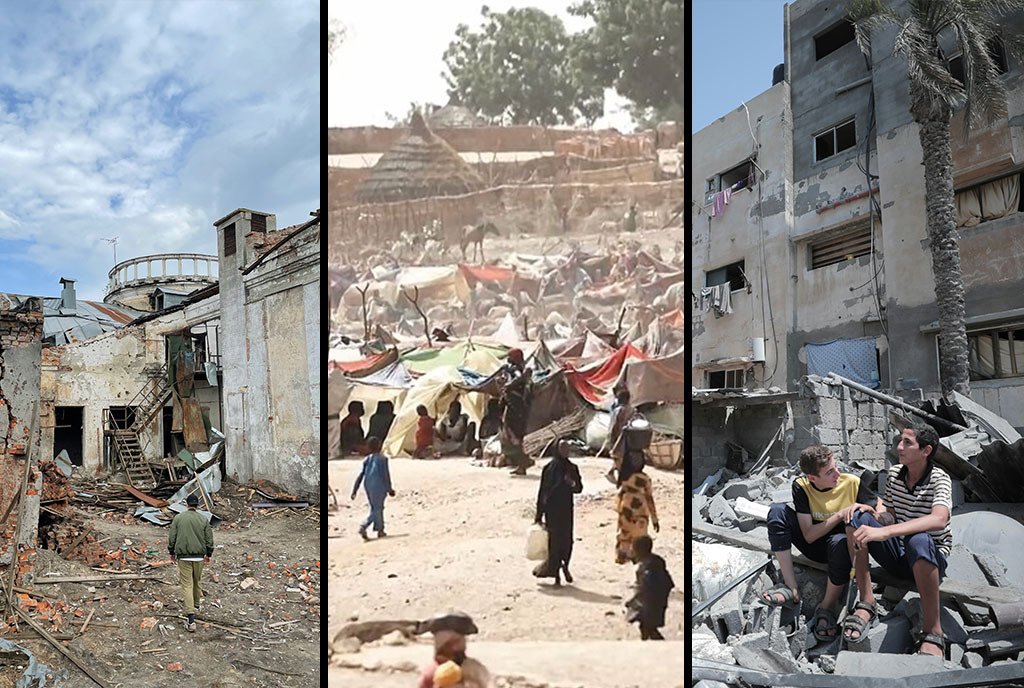 Split screen iimage showing a Ukrainian man traversing over the rubble of a youth center in Chernihiv, Ukraine that was destroyed by an aerial bomb, a refugee camp from Number of Refugees Who Fled Sudan for Chad, and two Palestinian boys sitting atop a pile of rubble that used to be their home.