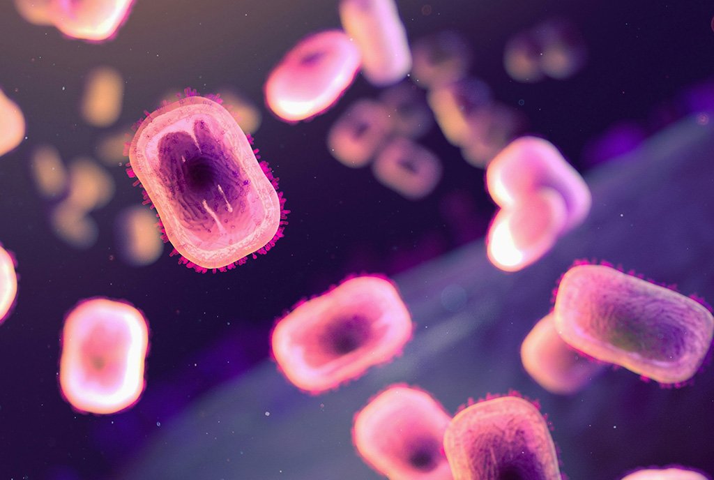 Mpox Virus Extracellular, brick-shaped mpox virions (colorized pink). Backlighting shows surface membranes of the virions and the outlines of nucleocapsids.