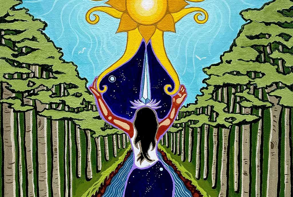 A painting of a woman reaching up to the sky above a rushing river. She opens portal that is topped by a sun.