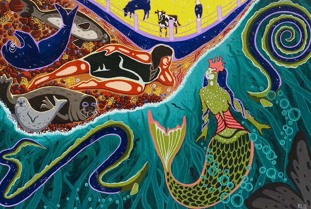 A painting of two women, one human and one mermaid, communicating with each other on the bank of an ocean. Eels, seals, and cows surround the women.