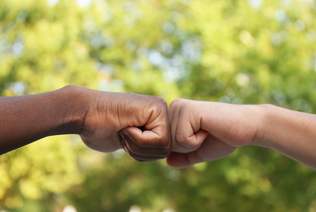 Two male hands–one Black and one Brown–fist bumping against a verdant background, symbolizing shared stewardship and collaboration.