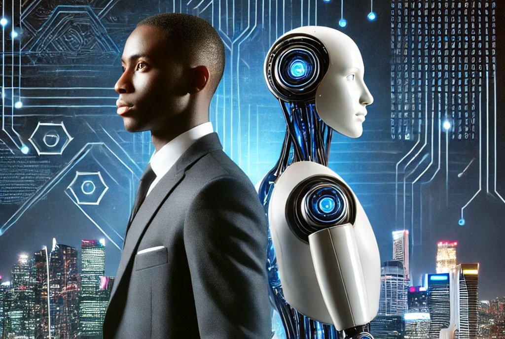 A Black man standing back-to-back with a humanoid AI, symbolizing the potential for collaboration and the dual impact of technology