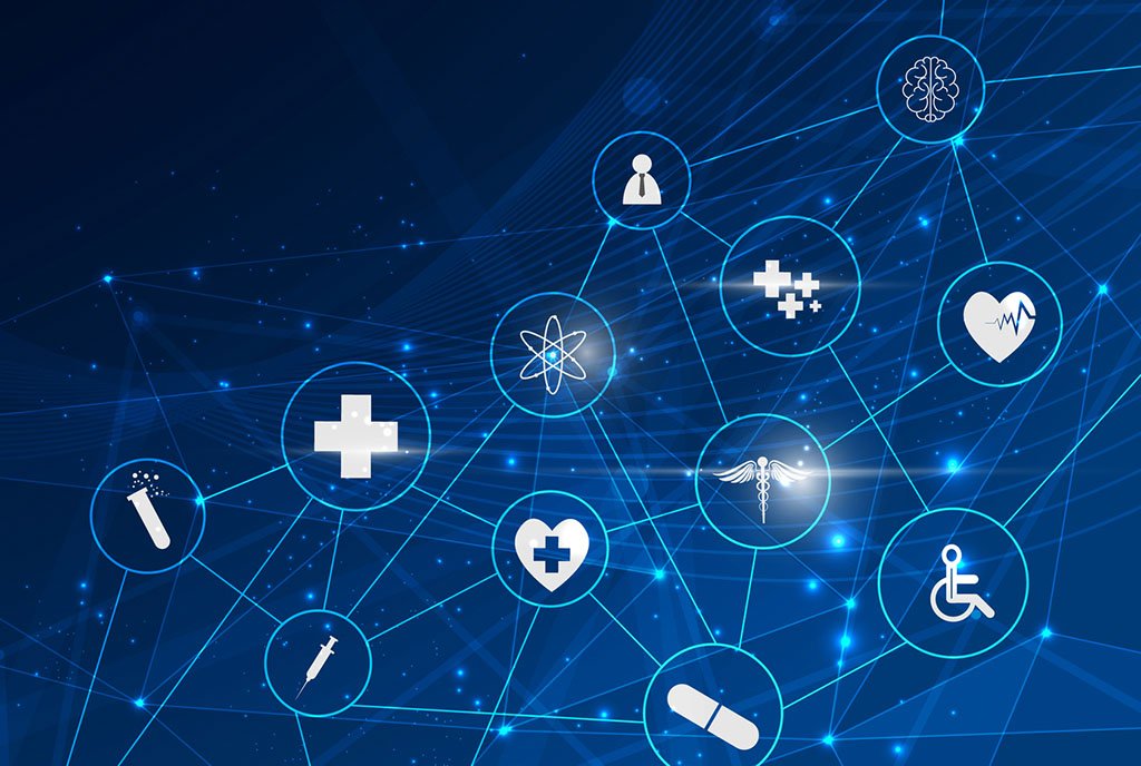 A visual representation of a blockchain with healthcare icons linked by connected lines, symbolizing the decision making process of Decentralized Autonomous Organizations (DAOs).