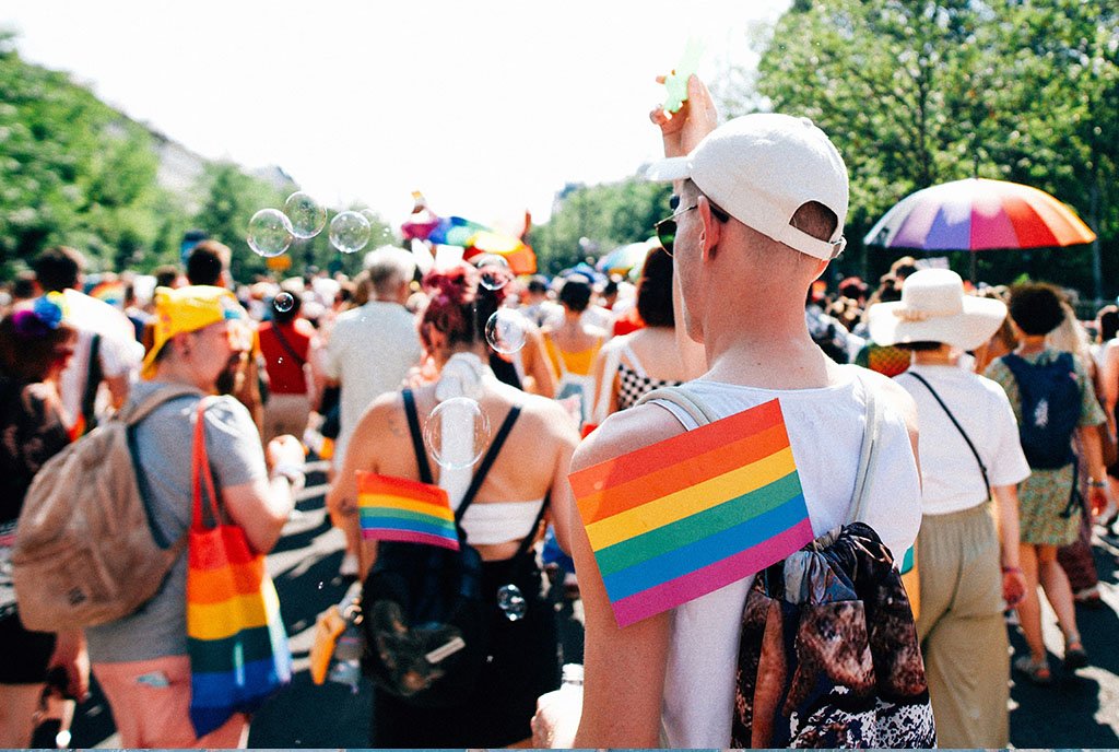 A Pride parade in Budapest, Hungary, where large crowds protest against government anti-LGBTQ+ policies in solidarity with oppression. 2023.