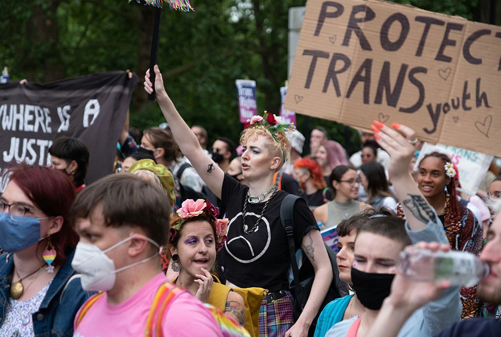 A protest for LGBTQ and trans rights, where a person is holding up a cardboard sign that reads, “Protect Trans Youth.”