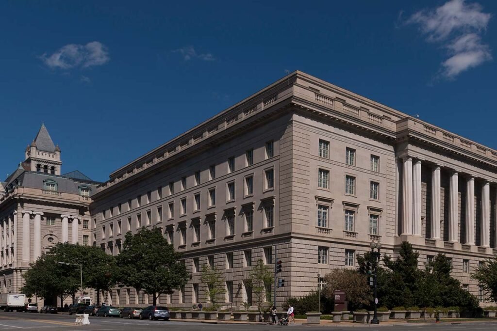 The stony exterior of the Internal Revenue Service Building, located in the center of the Federal Triangle complex in Washington, DC.