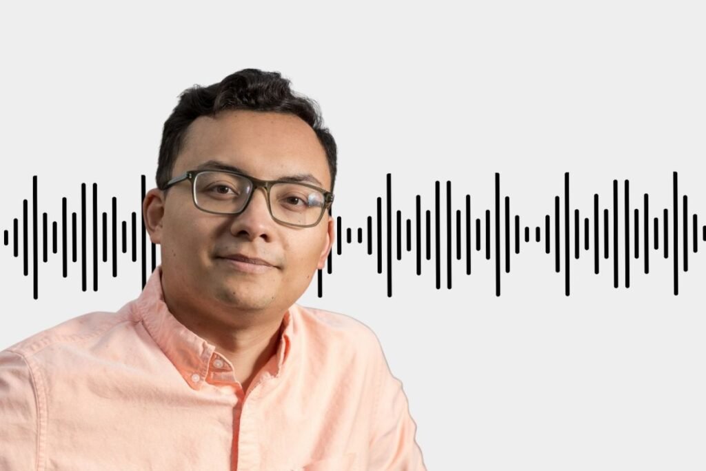 Webinar Speaker Hoang Murphy against a soundwave graphic.