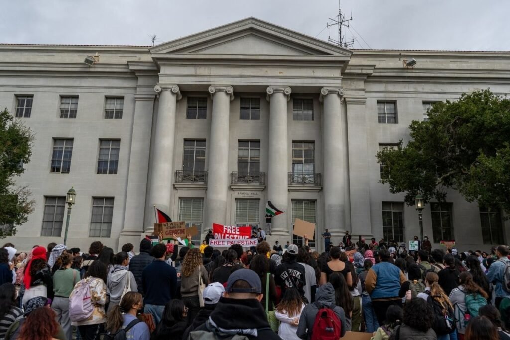 Students attend Palestinian solidarity protest on the steps of Sproul Hall at the University of California, Berkeley.