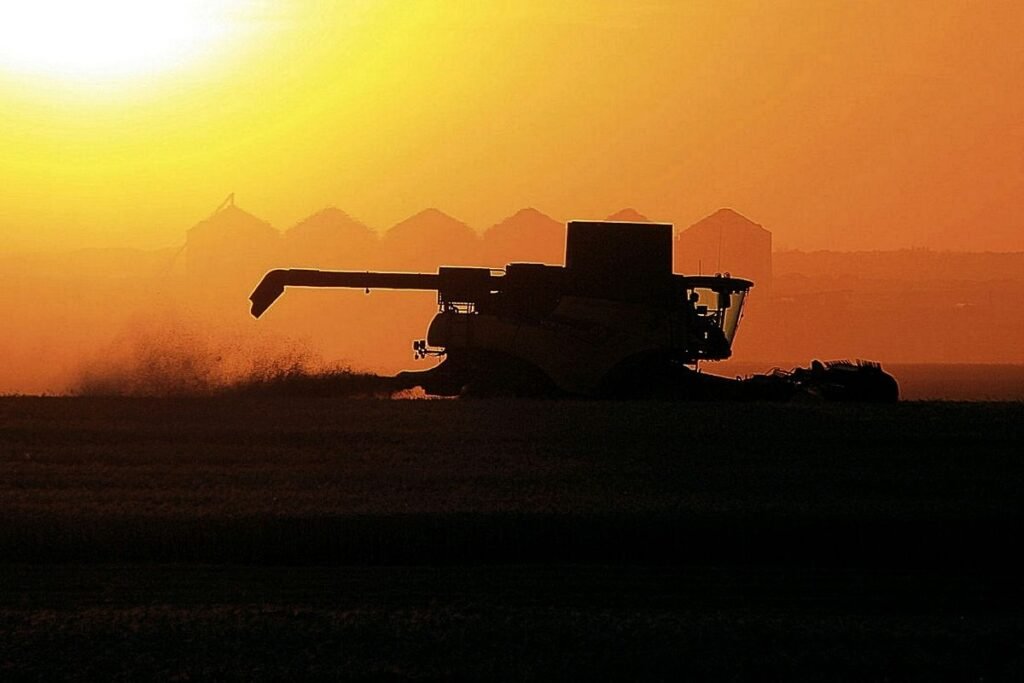 A farmer rides a combine harvester in a field at sunset.