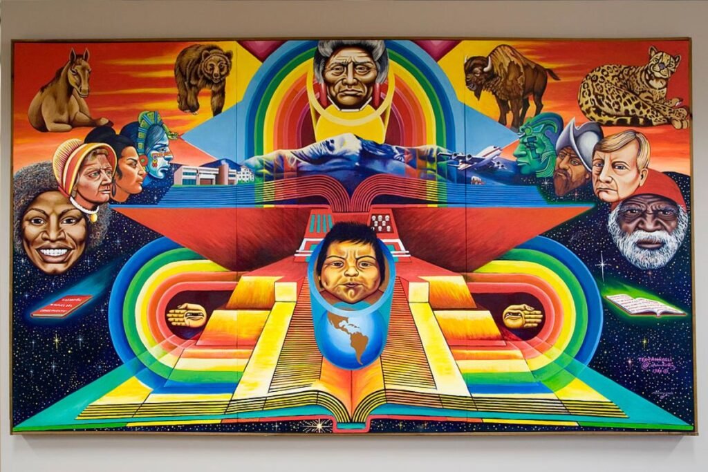 Aurelio Diaz Tekpankalli’s allegorical “Liberation through Knowledge” shows people; two large, opened books; and animals.