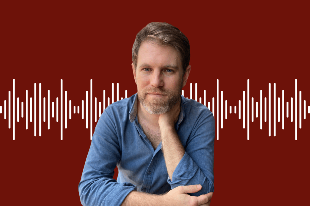 A headshot of Jonathan Tarleton against a background of soundwaves.