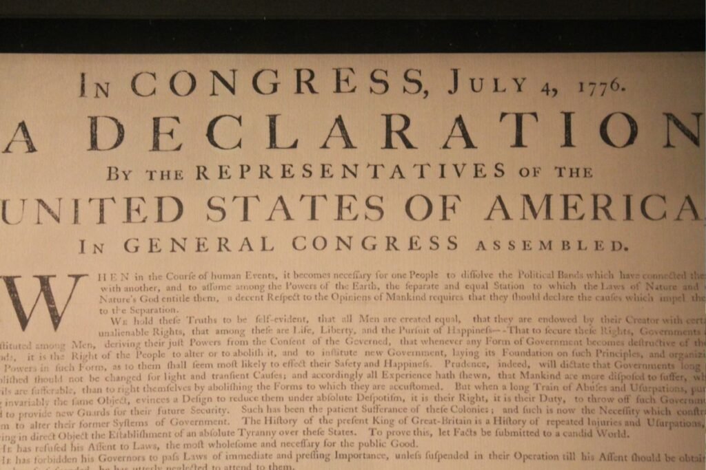 A parchment of the first section of the US Declaration of Independence, dated July 4, 1776.