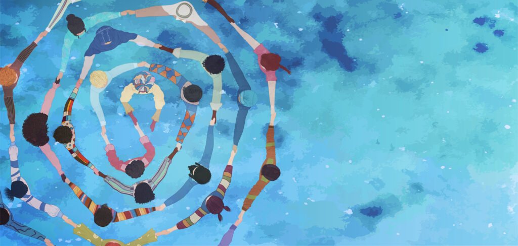 An illustration with a cloudy blue background. Left side features rings of people in layered interlocking circles.