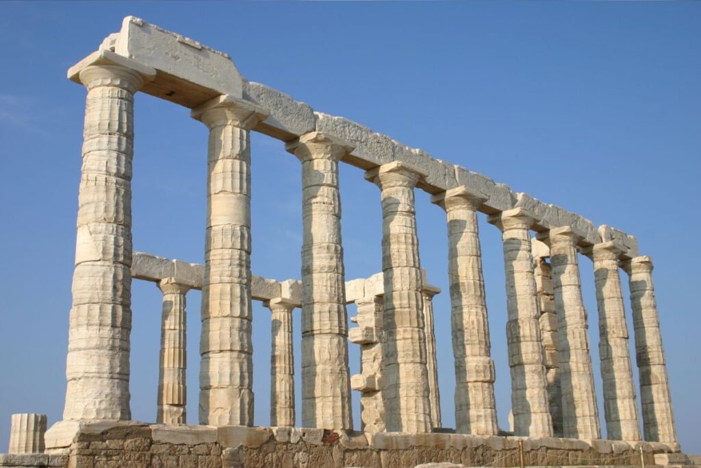 Greek Temple of Poseidon: The rectangular building was a colonnade on all four sides: 18 of 36 original columns stand today