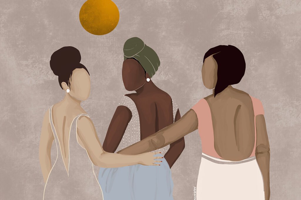 An illustration of three multiethnic women holding each other’s waists in support and looking over their shoulder toward the viewer. A sun rises above them.