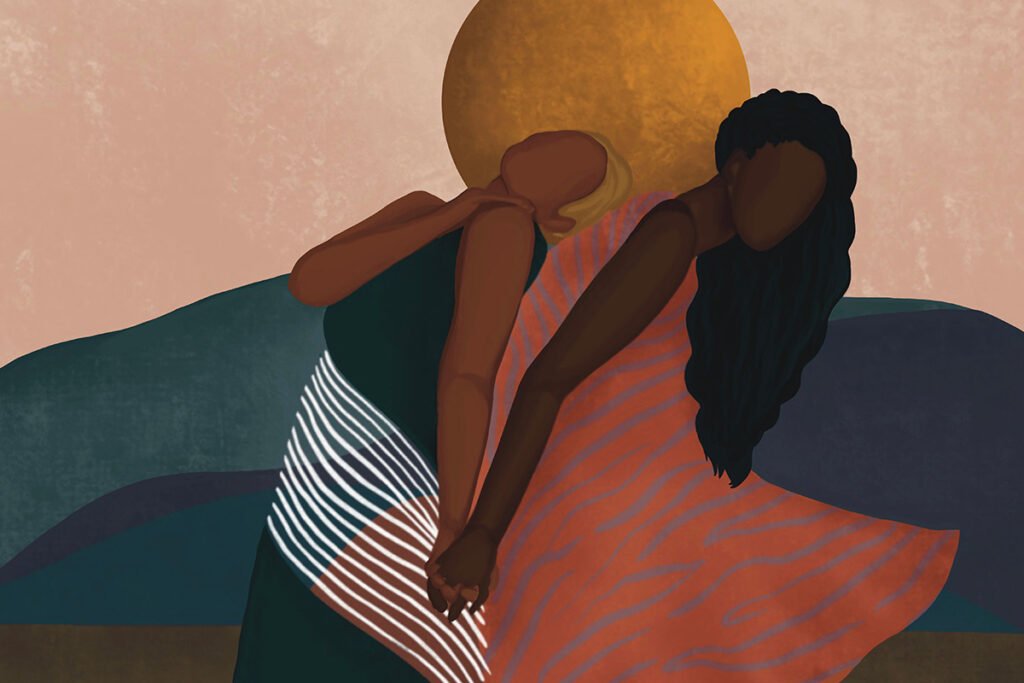 An illustration depicting a brown-skinned woman with blonde hair and a Black woman with long dark hair holding hands as one leans on the other. in the background there are green mountains and a golden sun.