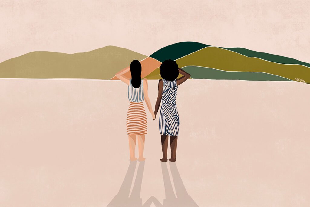 An illustration of two women–one Black and one White– shielding their eyes as they turn away from the viewer and look towards a verdant mountain range.