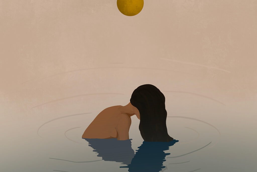 An illustration of a brown-skinned woman bathing in a vast body of water, with her hair overturned. Above her, a golden sun hangs low in the sky.