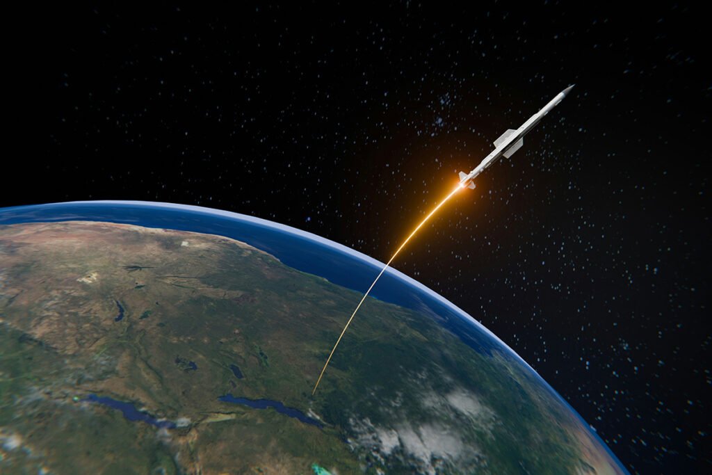 A rocket ship blasting away from earth on it’s pre-determined path, symbolizing staying true to a mission.