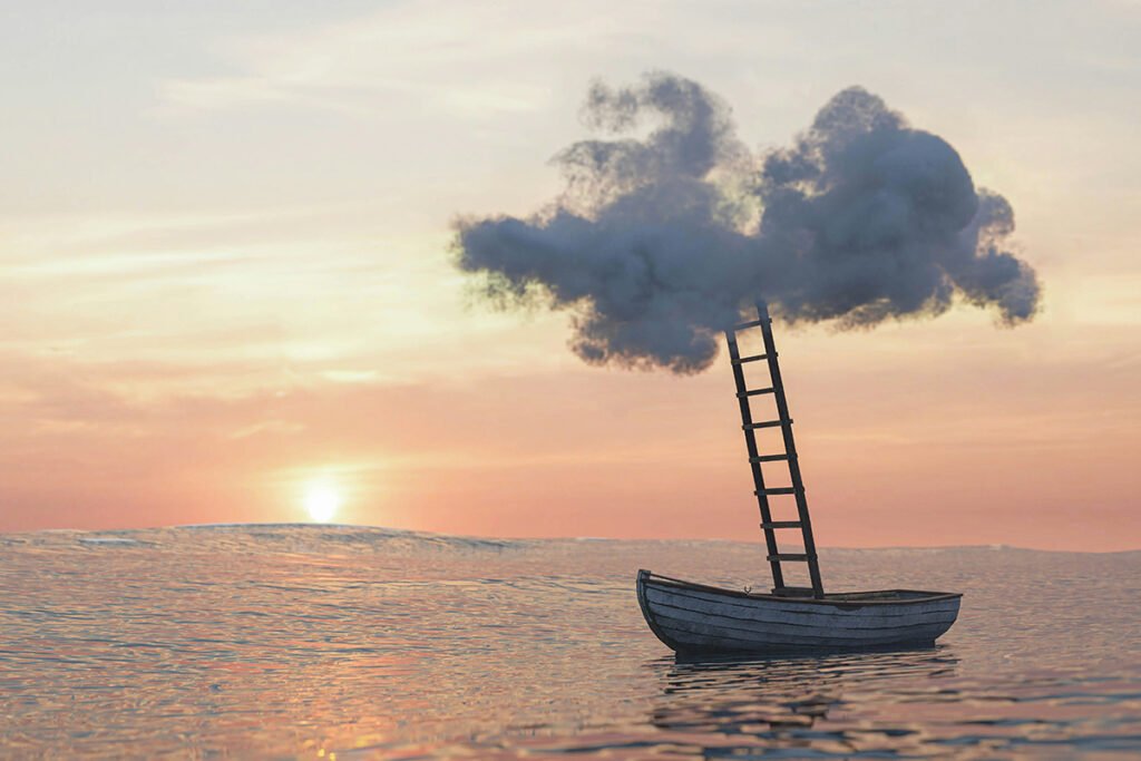 A boat floating in the middle of the ocean with a ladder climbing upwards towards a cloud, symbolizing the radical dreaming the must take place for a third reconstruction.