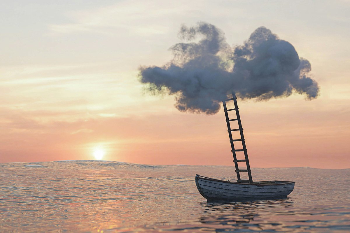 A boat floating in the middle of the ocean with a ladder climbing upwards towards a cloud, symbolizing the radical dreaming the must take place for a third reconstruction.