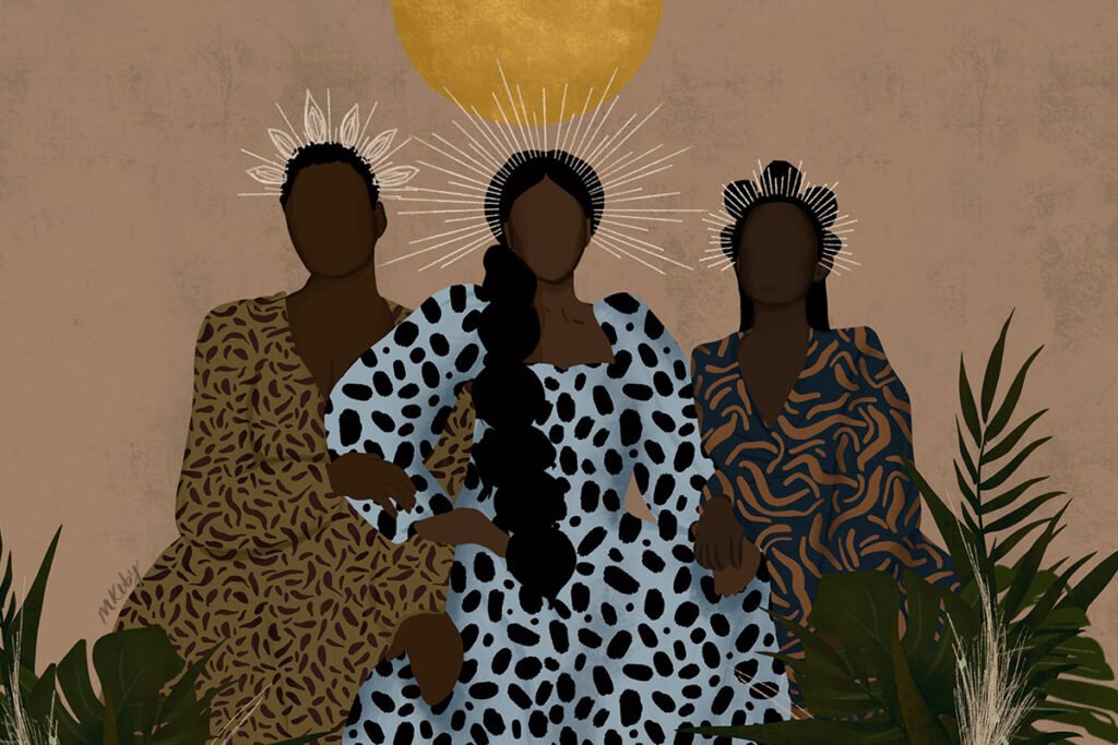 Illustration of three Black women wearing delicate crowns, sitting together in a verdant bush, wearing patterned dresses. A golden sun sets behind  them.