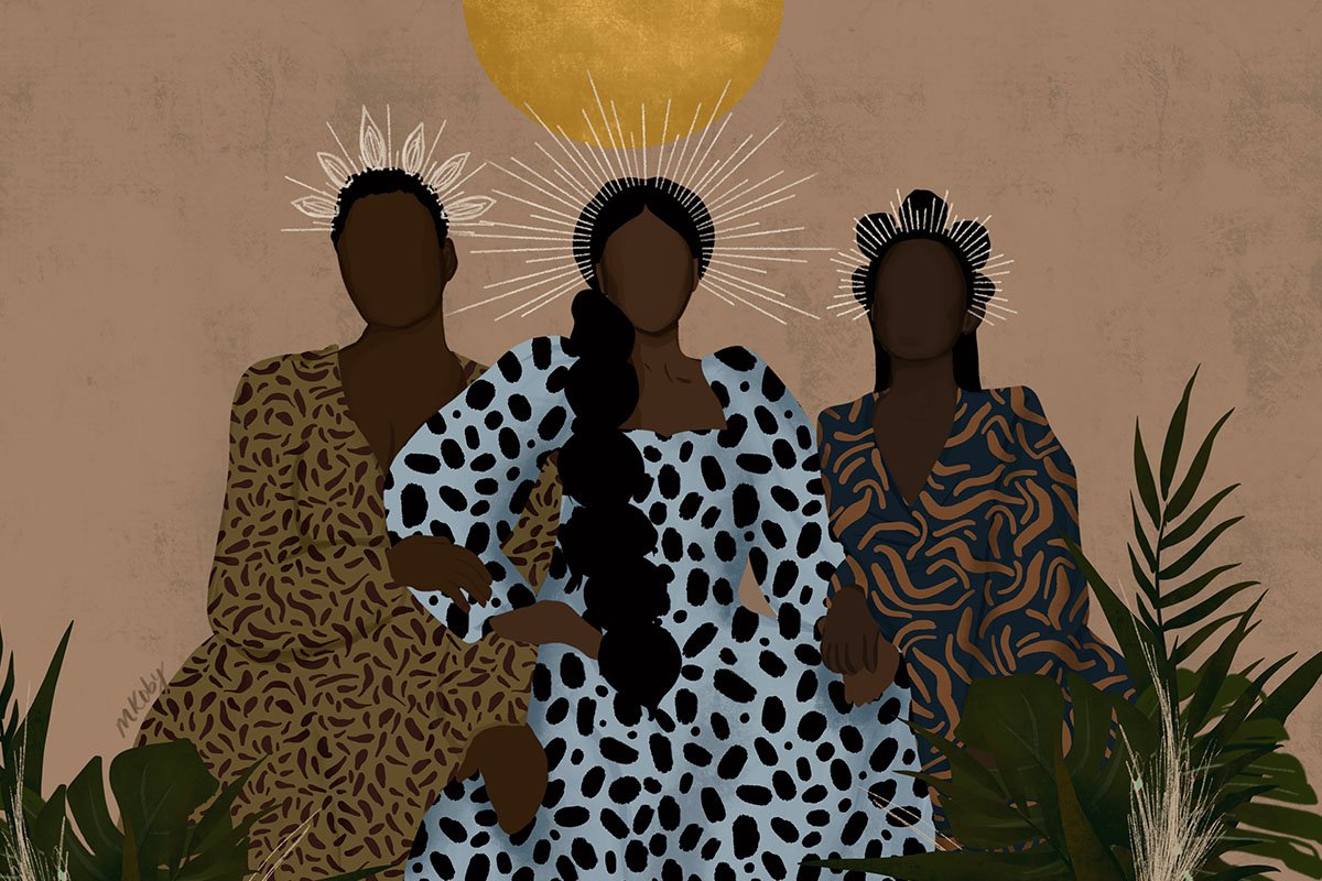 Illustration of three Black women wearing delicate crowns, sitting together in a verdant bush, wearing patterned dresses. A golden sun sets behind them.