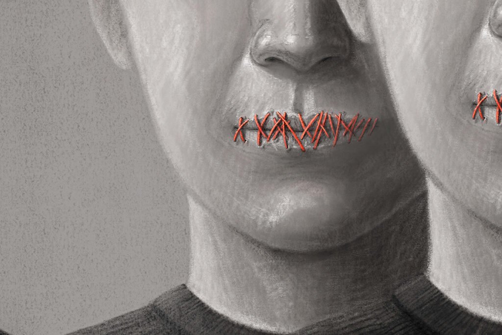 A graphite drawing of people with their mouths sewn shut with red thread.