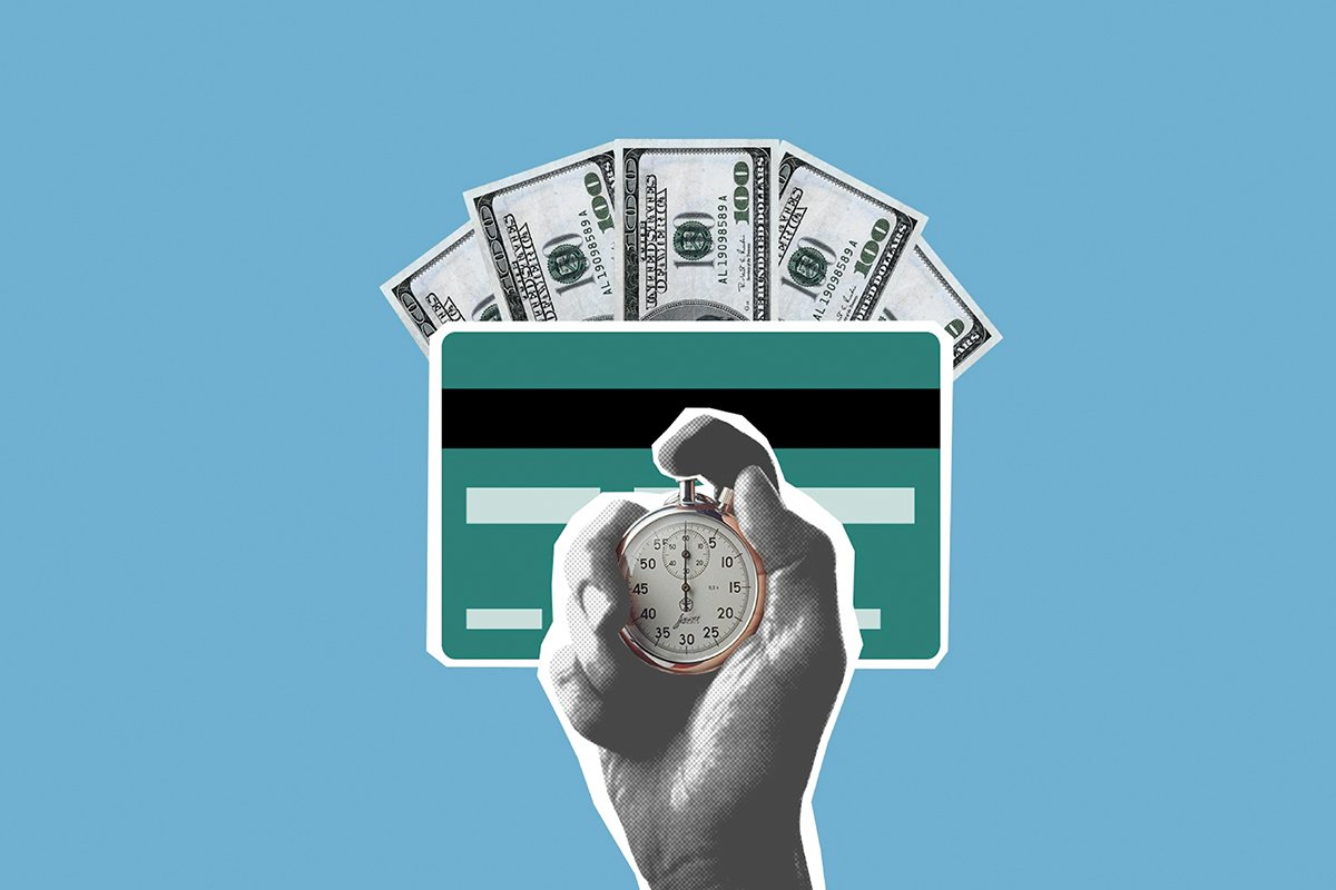 An illustrated graphic of a hand pressing a stopwatch with a fan of money behind it, symbolizing the necessity or early and timely funding.